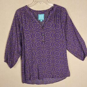 Escapada Blouse Womens Small Purple Tan Geometric Print 3/4 Sleeve Boho Top